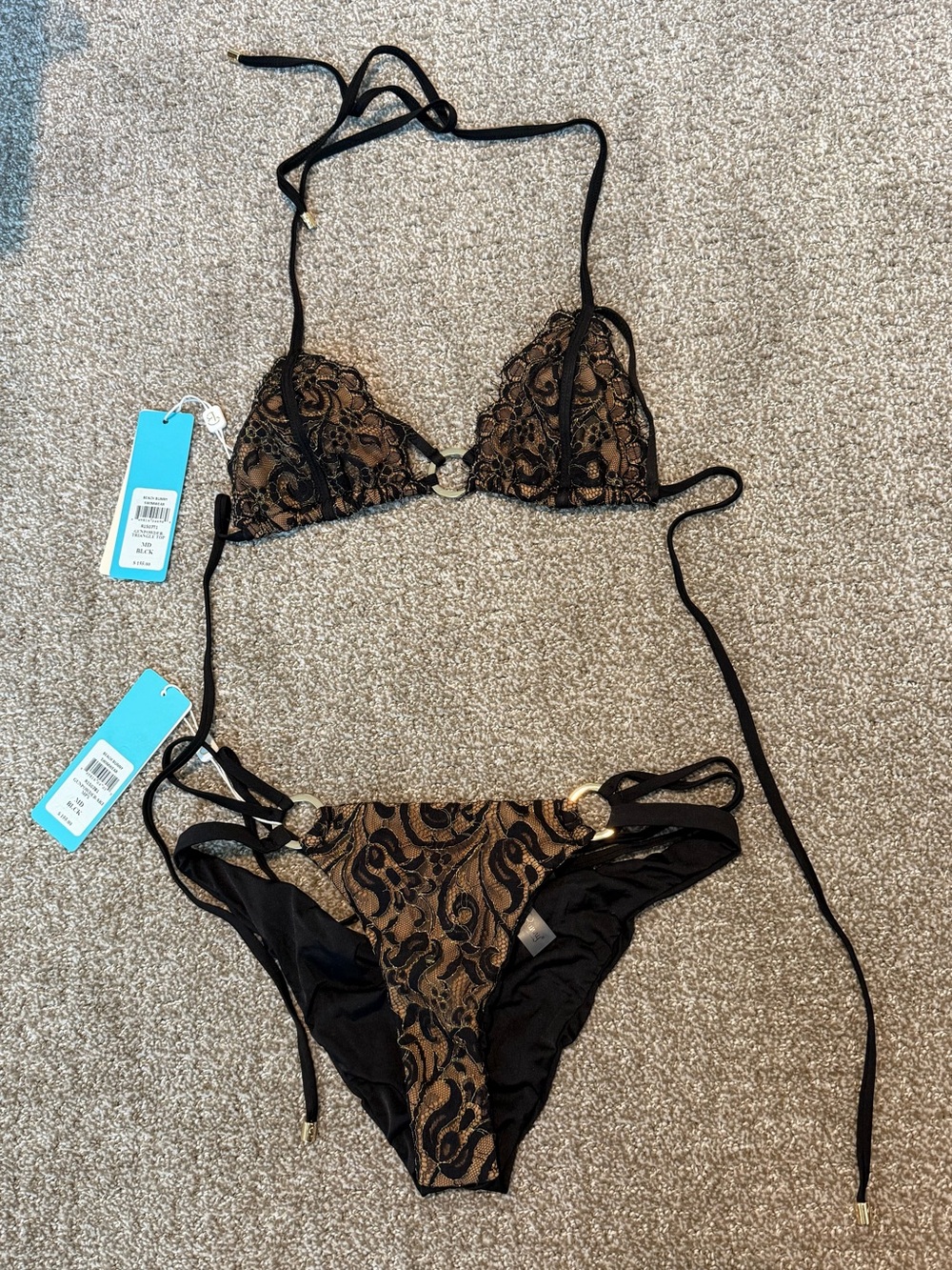 Beach Bunny Gunpowder Black and Gold Lace Triangle Bikini Set